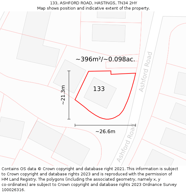 133, ASHFORD ROAD, HASTINGS, TN34 2HY: Plot and title map