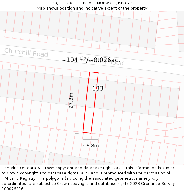 133, CHURCHILL ROAD, NORWICH, NR3 4PZ: Plot and title map