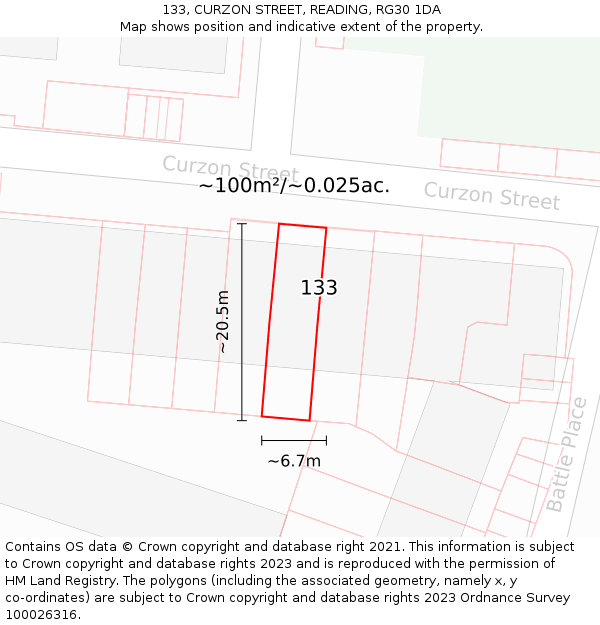 133, CURZON STREET, READING, RG30 1DA: Plot and title map