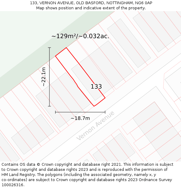 133, VERNON AVENUE, OLD BASFORD, NOTTINGHAM, NG6 0AP: Plot and title map