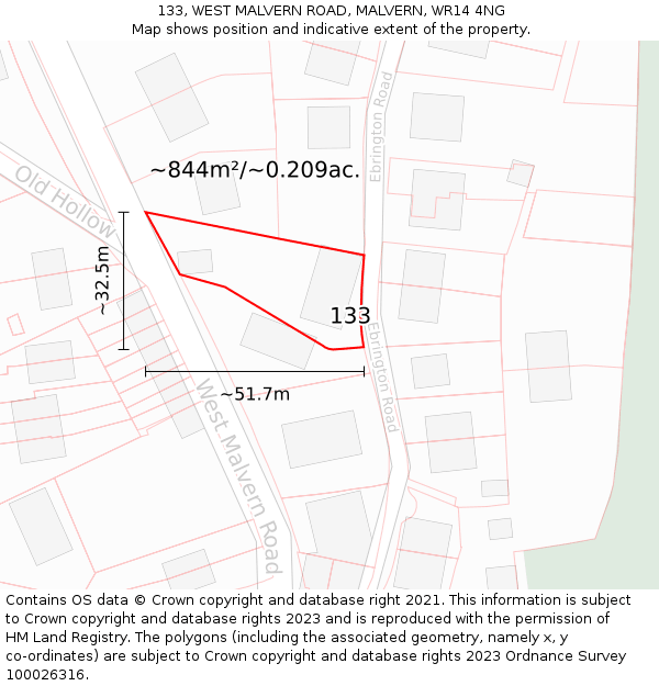 133, WEST MALVERN ROAD, MALVERN, WR14 4NG: Plot and title map