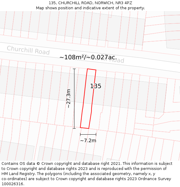 135, CHURCHILL ROAD, NORWICH, NR3 4PZ: Plot and title map