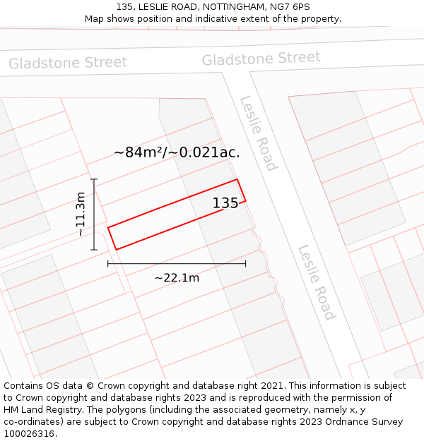 135, LESLIE ROAD, NOTTINGHAM, NG7 6PS: Plot and title map
