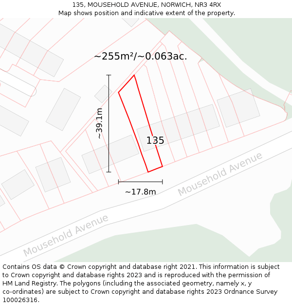 135, MOUSEHOLD AVENUE, NORWICH, NR3 4RX: Plot and title map