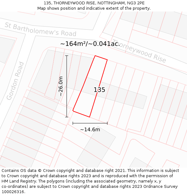 135, THORNEYWOOD RISE, NOTTINGHAM, NG3 2PE: Plot and title map