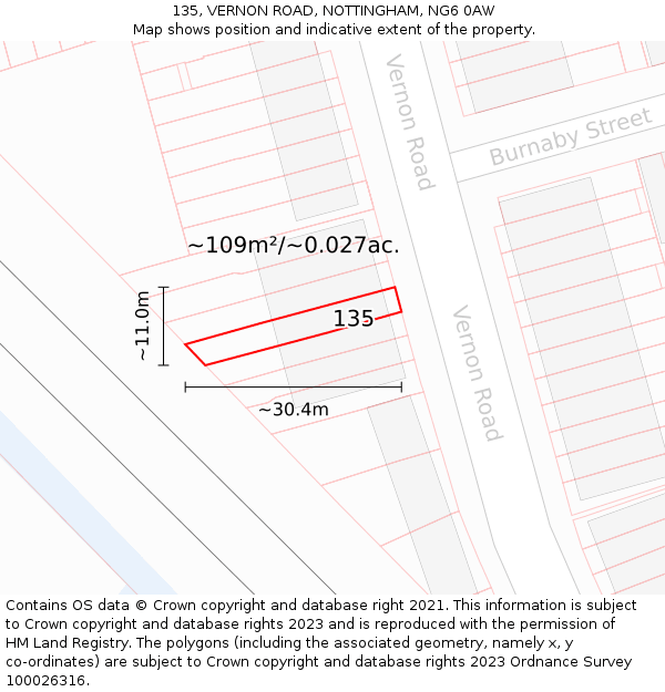 135, VERNON ROAD, NOTTINGHAM, NG6 0AW: Plot and title map