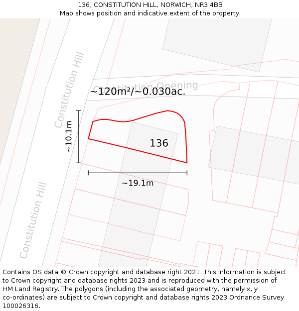 136, CONSTITUTION HILL, NORWICH, NR3 4BB: Plot and title map