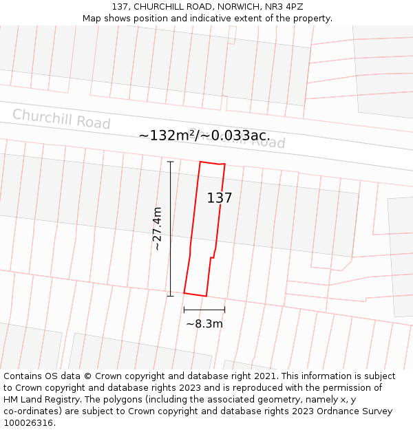 137, CHURCHILL ROAD, NORWICH, NR3 4PZ: Plot and title map