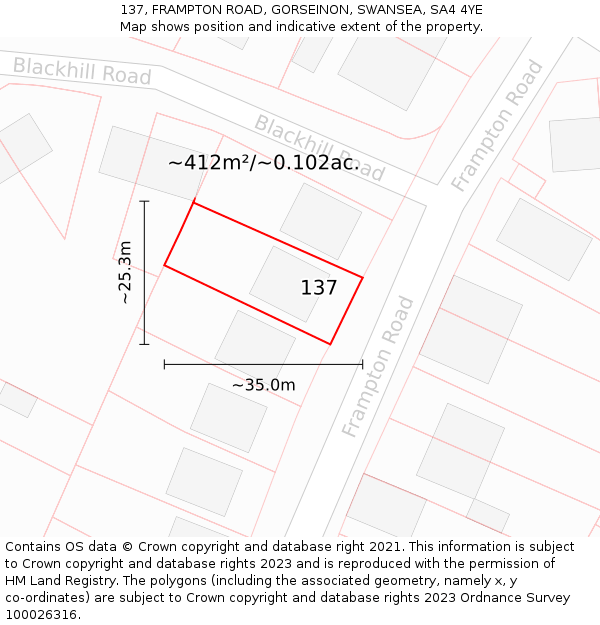 137, FRAMPTON ROAD, GORSEINON, SWANSEA, SA4 4YE: Plot and title map