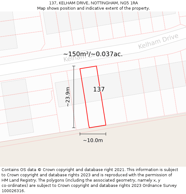 137, KELHAM DRIVE, NOTTINGHAM, NG5 1RA: Plot and title map
