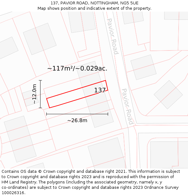 137, PAVIOR ROAD, NOTTINGHAM, NG5 5UE: Plot and title map