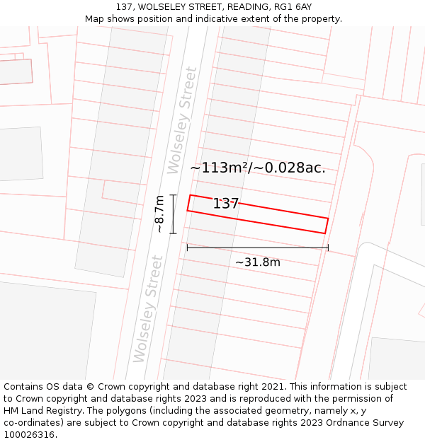 137, WOLSELEY STREET, READING, RG1 6AY: Plot and title map