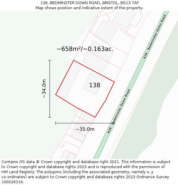 138, BEDMINSTER DOWN ROAD, BRISTOL, BS13 7AF: Plot and title map