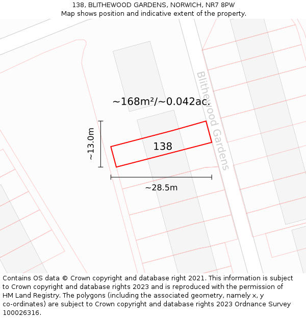 138, BLITHEWOOD GARDENS, NORWICH, NR7 8PW: Plot and title map