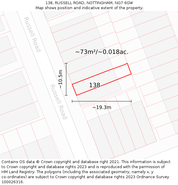 138, RUSSELL ROAD, NOTTINGHAM, NG7 6GW: Plot and title map