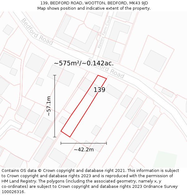 139, BEDFORD ROAD, WOOTTON, BEDFORD, MK43 9JD: Plot and title map