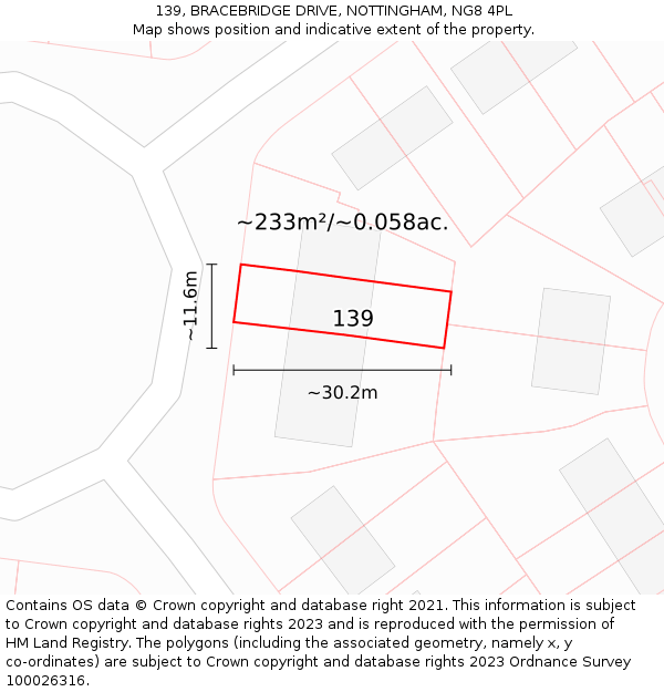 139, BRACEBRIDGE DRIVE, NOTTINGHAM, NG8 4PL: Plot and title map