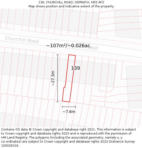 139, CHURCHILL ROAD, NORWICH, NR3 4PZ: Plot and title map