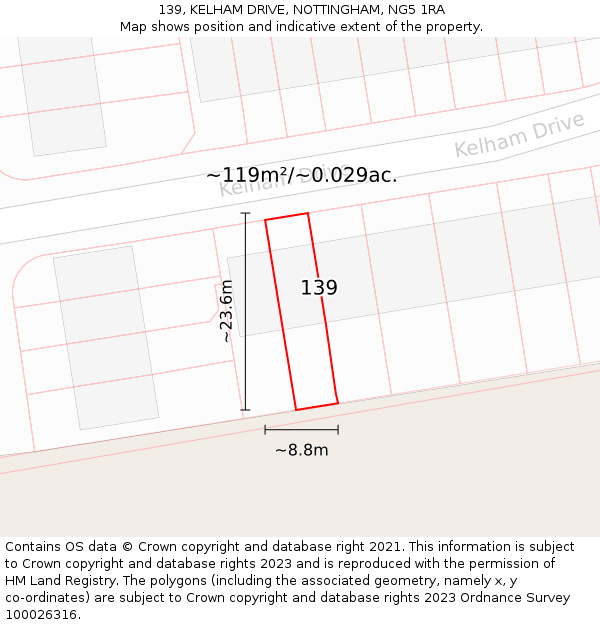 139, KELHAM DRIVE, NOTTINGHAM, NG5 1RA: Plot and title map