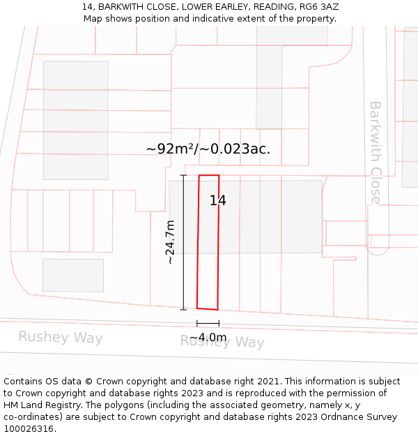 14, BARKWITH CLOSE, LOWER EARLEY, READING, RG6 3AZ: Plot and title map