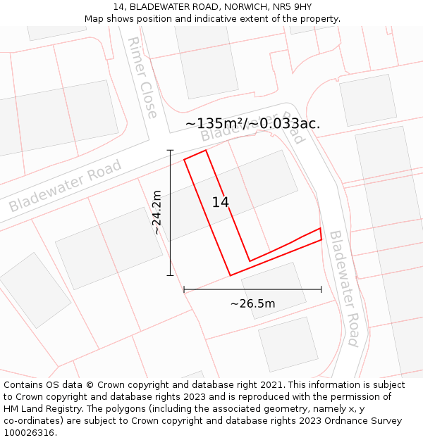 14, BLADEWATER ROAD, NORWICH, NR5 9HY: Plot and title map