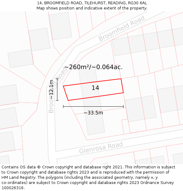 14, BROOMFIELD ROAD, TILEHURST, READING, RG30 6AL: Plot and title map