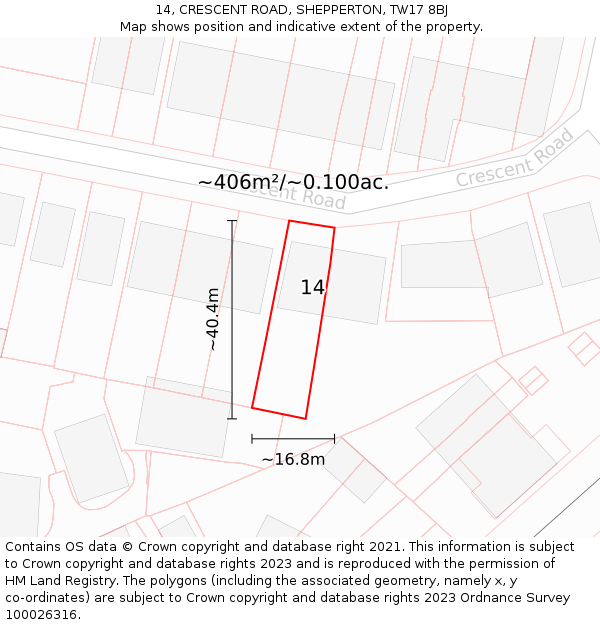 14, CRESCENT ROAD, SHEPPERTON, TW17 8BJ: Plot and title map