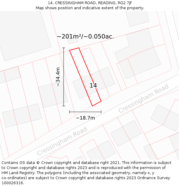 14, CRESSINGHAM ROAD, READING, RG2 7JF: Plot and title map