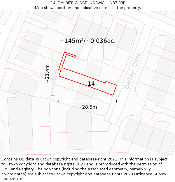 14, DALBIER CLOSE, NORWICH, NR7 0RP: Plot and title map