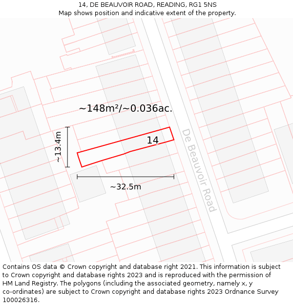 14, DE BEAUVOIR ROAD, READING, RG1 5NS: Plot and title map