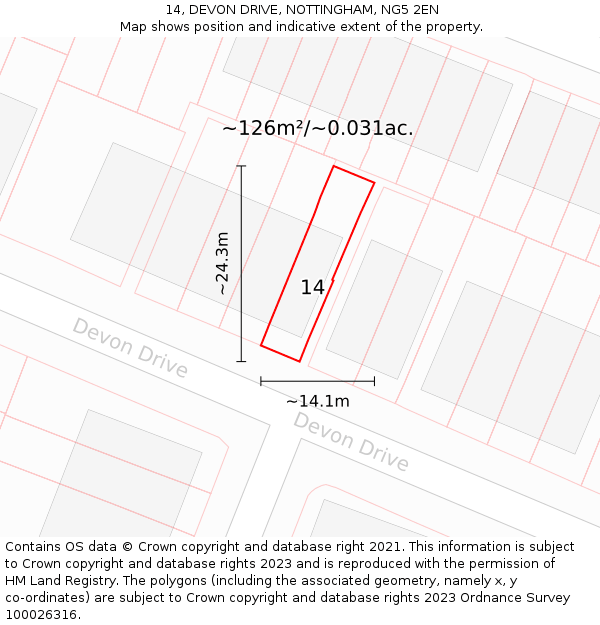 14, DEVON DRIVE, NOTTINGHAM, NG5 2EN: Plot and title map