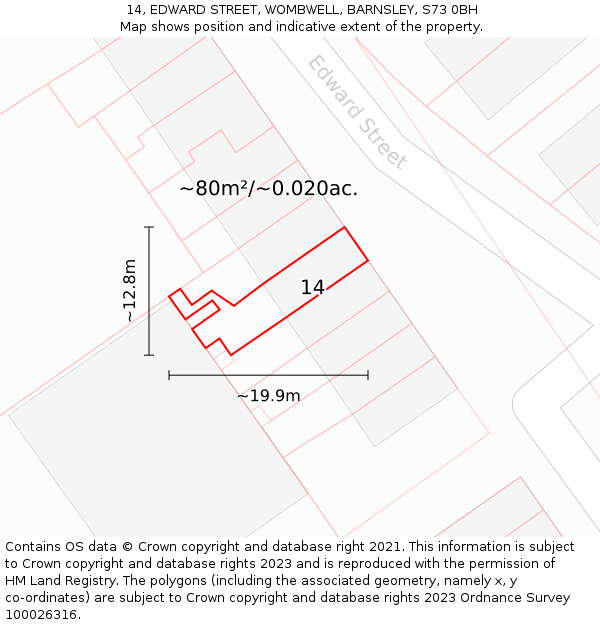 14, EDWARD STREET, WOMBWELL, BARNSLEY, S73 0BH: Plot and title map