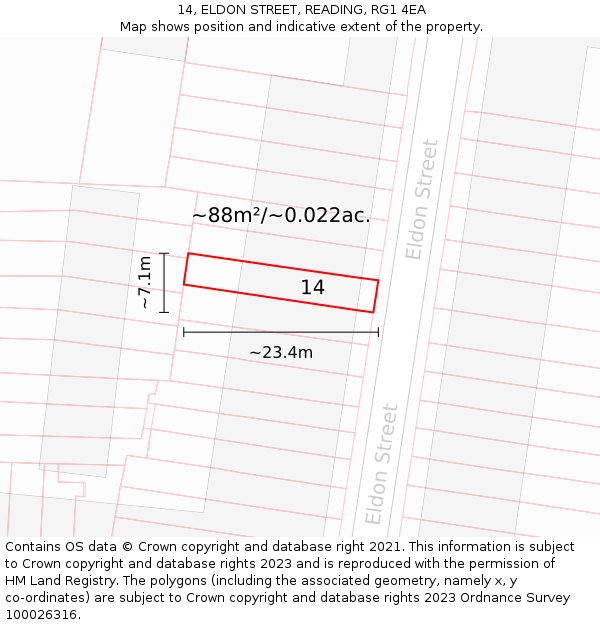 14, ELDON STREET, READING, RG1 4EA: Plot and title map
