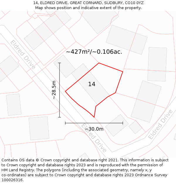 14, ELDRED DRIVE, GREAT CORNARD, SUDBURY, CO10 0YZ: Plot and title map