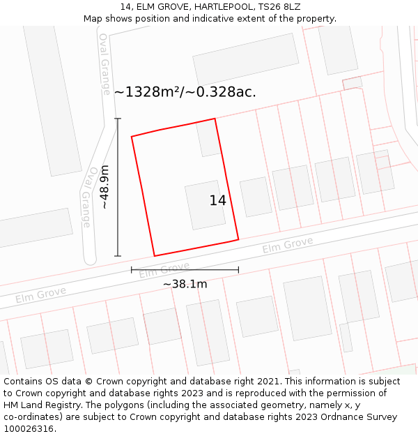 14, ELM GROVE, HARTLEPOOL, TS26 8LZ: Plot and title map