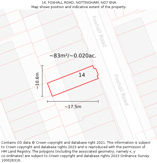 14, FOXHALL ROAD, NOTTINGHAM, NG7 6NA: Plot and title map