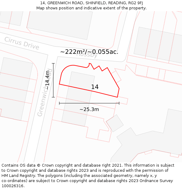14, GREENWICH ROAD, SHINFIELD, READING, RG2 9FJ: Plot and title map