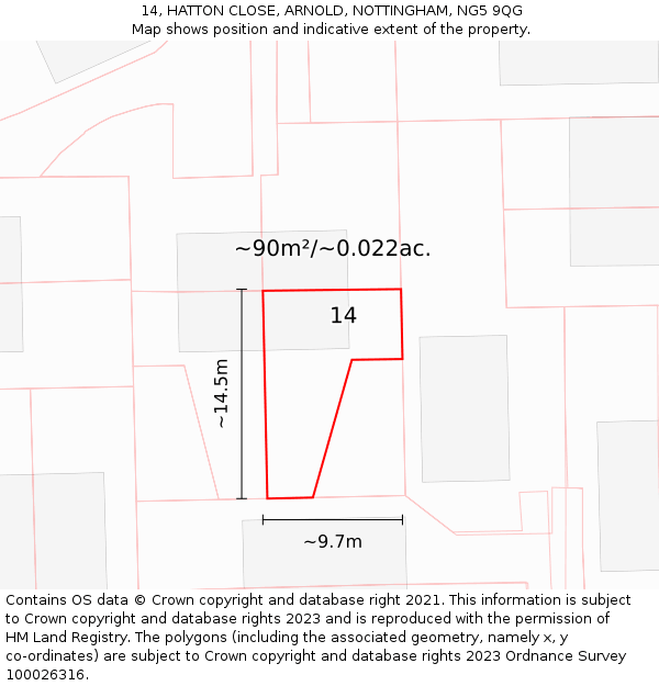14, HATTON CLOSE, ARNOLD, NOTTINGHAM, NG5 9QG: Plot and title map