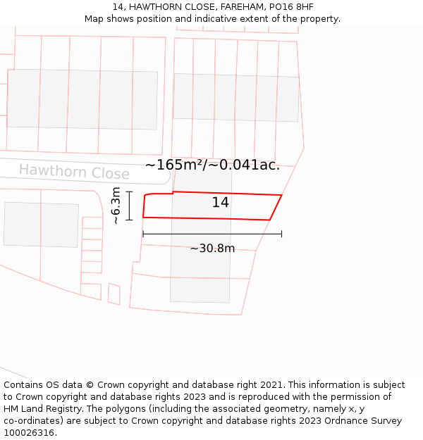 14, HAWTHORN CLOSE, FAREHAM, PO16 8HF: Plot and title map