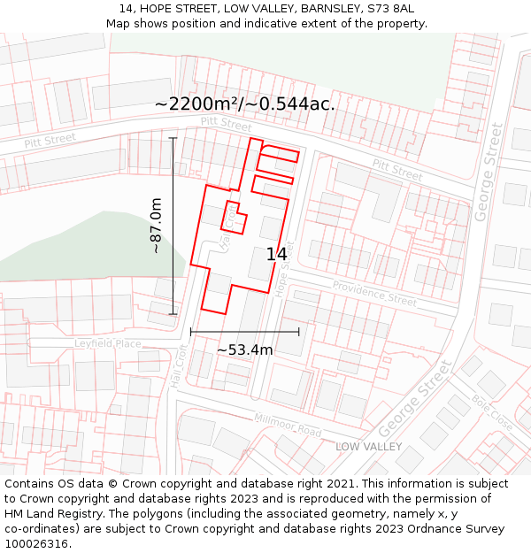 14, HOPE STREET, LOW VALLEY, BARNSLEY, S73 8AL: Plot and title map