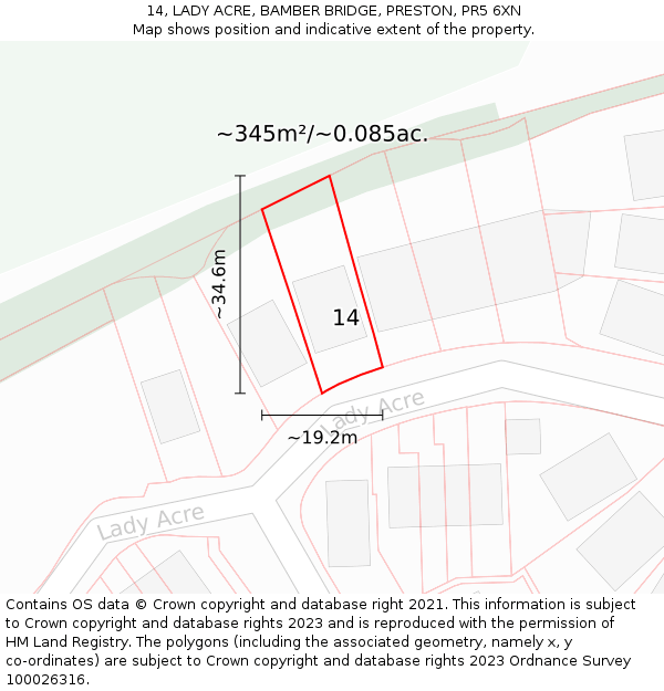 14, LADY ACRE, BAMBER BRIDGE, PRESTON, PR5 6XN: Plot and title map