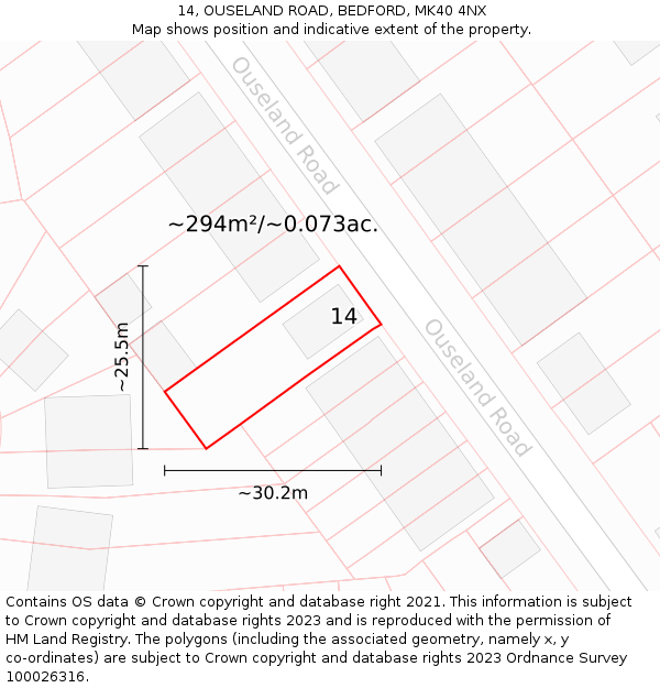 14, OUSELAND ROAD, BEDFORD, MK40 4NX: Plot and title map