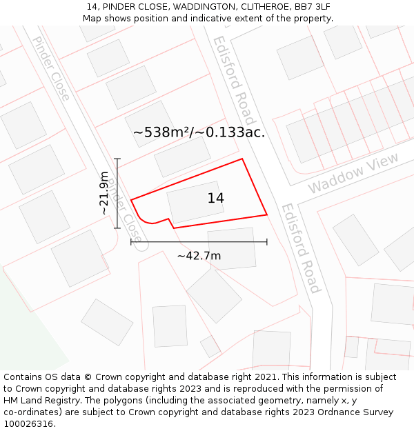 14, PINDER CLOSE, WADDINGTON, CLITHEROE, BB7 3LF: Plot and title map