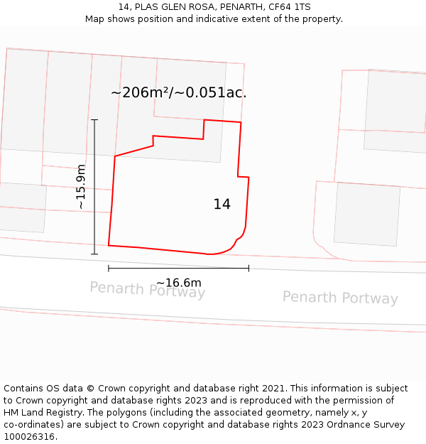 14, PLAS GLEN ROSA, PENARTH, CF64 1TS: Plot and title map
