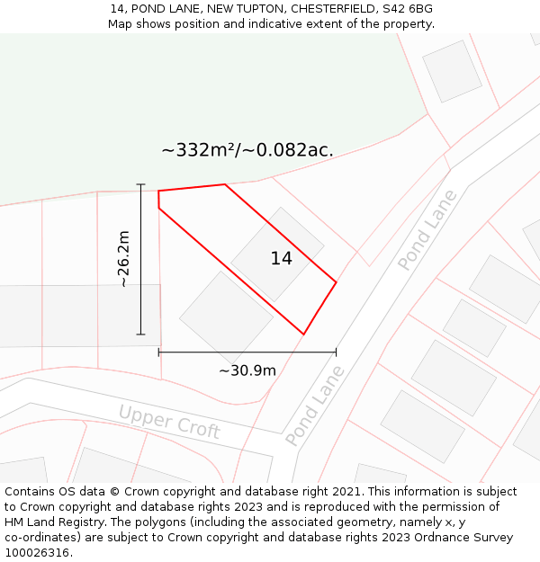 14, POND LANE, NEW TUPTON, CHESTERFIELD, S42 6BG: Plot and title map