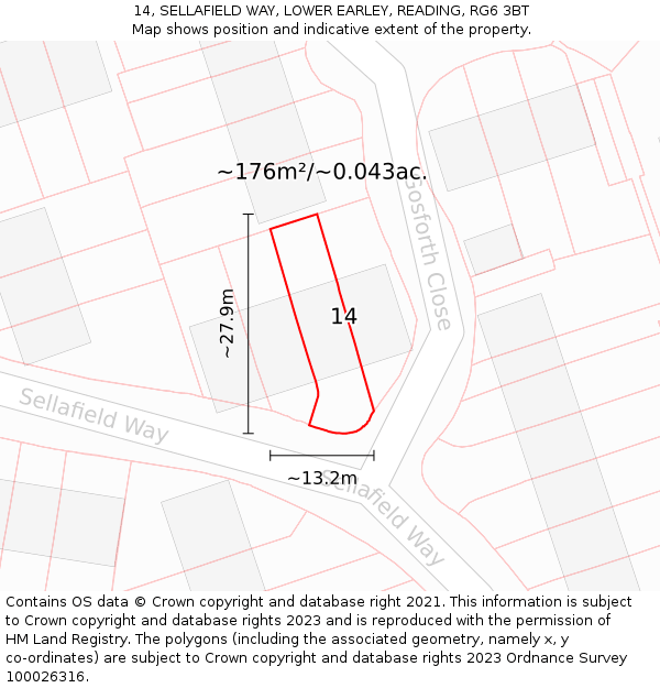 14, SELLAFIELD WAY, LOWER EARLEY, READING, RG6 3BT: Plot and title map