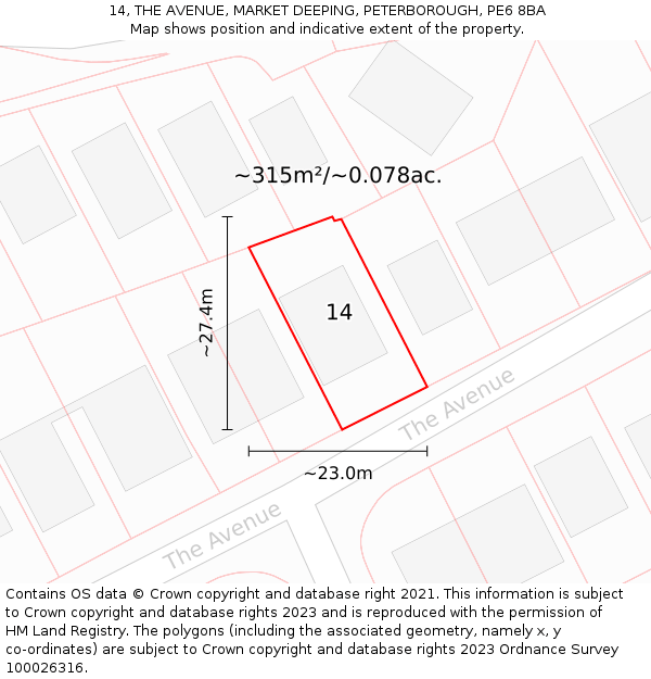 14, THE AVENUE, MARKET DEEPING, PETERBOROUGH, PE6 8BA: Plot and title map
