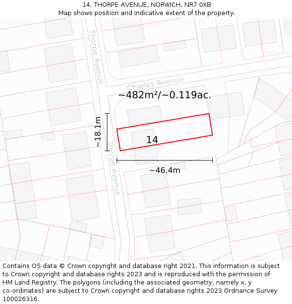 14, THORPE AVENUE, NORWICH, NR7 0XB: Plot and title map