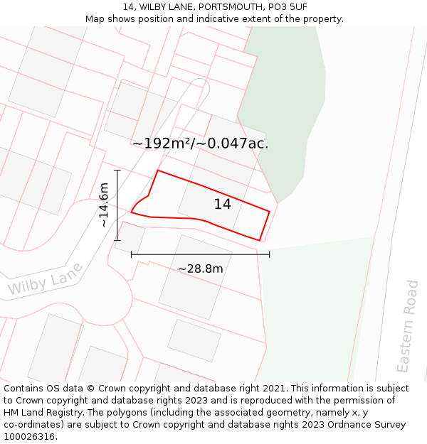 14, WILBY LANE, PORTSMOUTH, PO3 5UF: Plot and title map