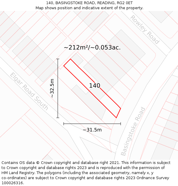 140, BASINGSTOKE ROAD, READING, RG2 0ET: Plot and title map